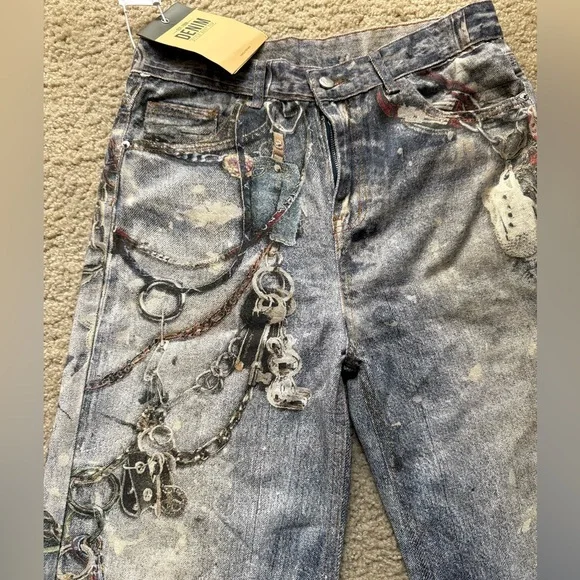 Streetwear Graphic Chain Print Wide Leg Jeans Men M 33 Boho Relaxed Denim NWT - Picture 10 of 13